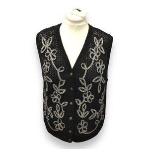 Christopher & Banks Women’s Knit Sweater Vest VTG 90s Floral Appliquéd Black L